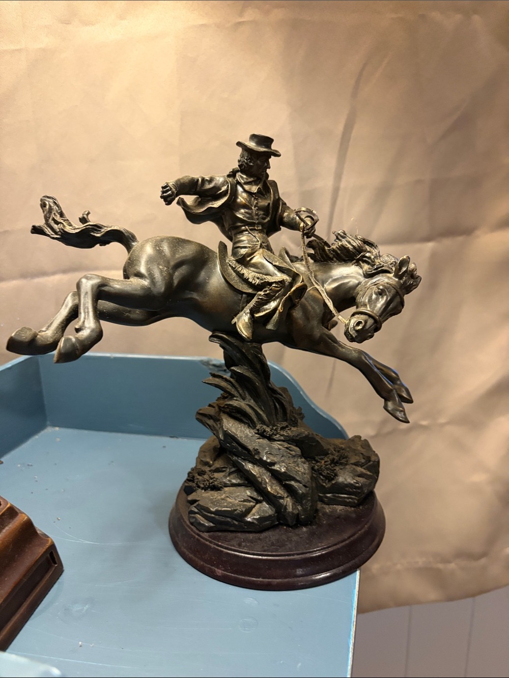 Bronze-Tone Western Cowboy on Horse Sculpture - Home Art